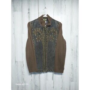 Bob Mackie Western Leather Jacket Women's S Brown Embroidered Artsy Knit Zip